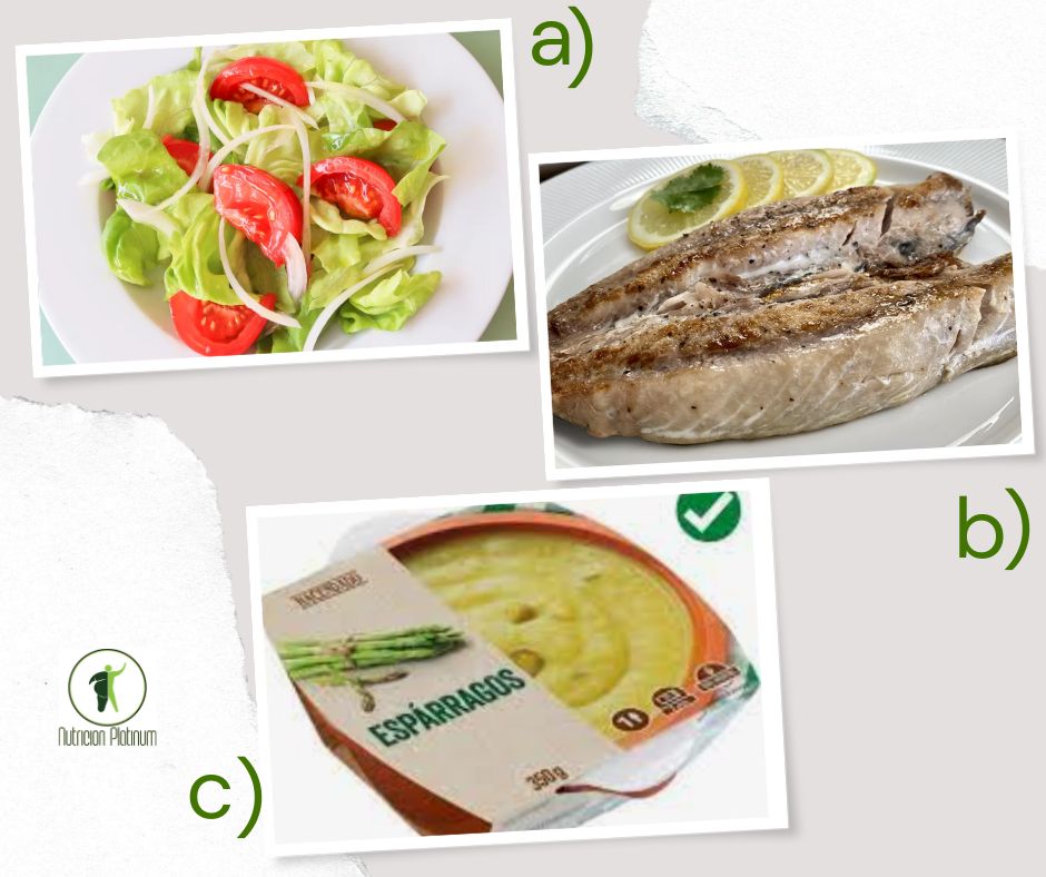 Ensalada de tomate y cebolla con caballa a la plancha y crema de esparragos.